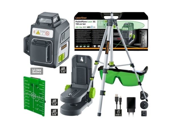 Laserliner PocketPlane-Laser 3G, 0,3 mm/m, 3,5°, 515 nm, Linjevater, Sort, Grønn, 1/4,5/8"