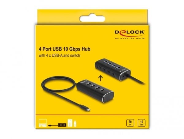 DeLOCK 64233, USB 3.2 Gen 1 (3.1 Gen 1) Type-C, USB 3.2 Gen 1 (3.1 Gen 1) Type-A, 10000 Mbit/s, Musta, Metalli, Pyöreä kaapeli