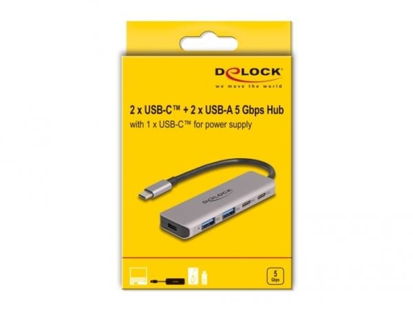 Delock - Hub - 2 x USB-C + 2 x USB + 1 x USB-C (strømlevering) - stasjonær