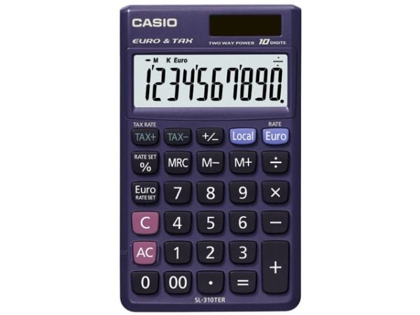 Casio SL-310TER+, Tasku, Perus, 10 lukua, 1 linjat, Akku/Aurinko, Sininen