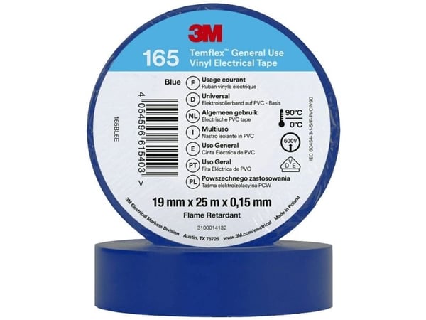 3M 165BL6E, 1 kpl, sininen, PVC, 600 V, läpipainopakkaus, 25 m
