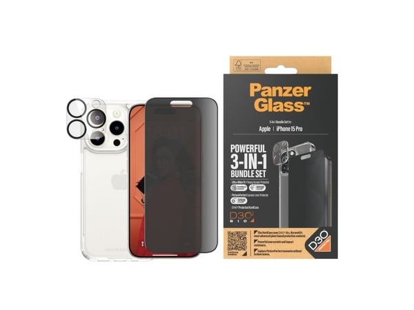 PanzerGlass Privacy 3-in-1-Pack iPhone 2023 6.1 Pro, Apple, Apple - iPhone 15 Pro, kuivakäyttö, iskunkestävä, läpinäkyvä, 1 kpl