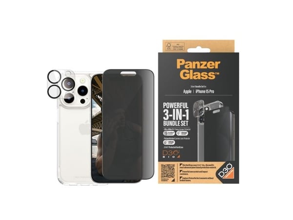 PanzerGlass Privacy 3-in-1-Pack iPhone 2023 6.1 Pro, Apple, Apple - iPhone 15 Pro, kuivakäyttö, iskunkestävä, läpinäkyvä, 1 kpl