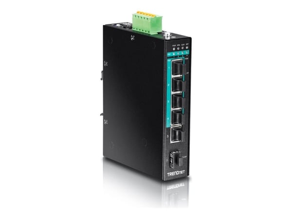 TRENDnet TI-PG541 - Kytkin - 4 x 10/100/1000 (PoE+) + 1 x 10/100/1000 + 1 x Gigabit SFP - DIN-kiskoon asennettava - PoE+ (120 W) - TAA-yhteensopiva