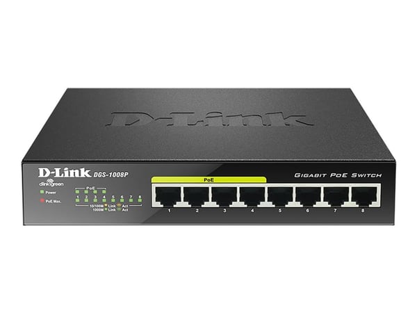 D-Link DGS 1008P - Switch - ikke-styrt - 4 x 10/100/1000 (PoE) + 4 x 10/100/1000 - stasjonær - PoE