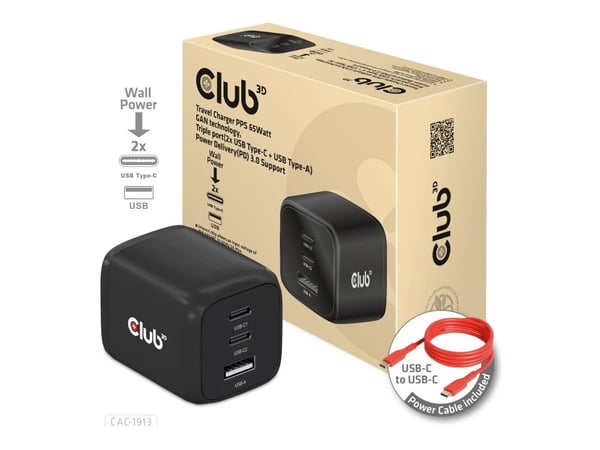 Club3D matkalaturi 2xUSB tyyppi C, 1xUSB tyyppi A, PD 65W vähittäismyyntipakkaus