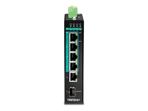 TRENDnet TI-PG541 - Kytkin - 4 x 10/100/1000 (PoE+) + 1 x 10/100/1000 + 1 x Gigabit SFP - DIN-kiskoon asennettava - PoE+ (120 W) - TAA-yhteensopiva