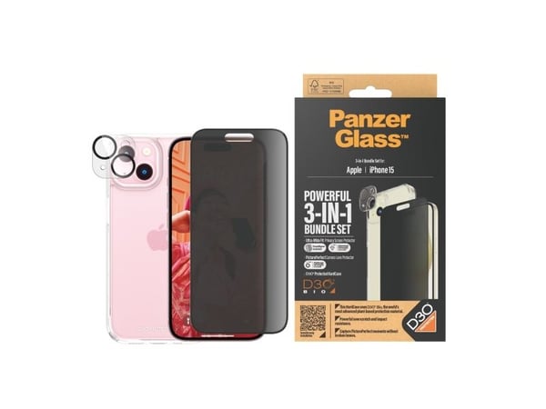 PanzerGlass Privacy 3-in-1-Pack iPhone 2023 6.1, Apple, Apple - iPhone 15, Asennus kuivana, Iskunkestävä, Läpinäkyvä, 1 kpl