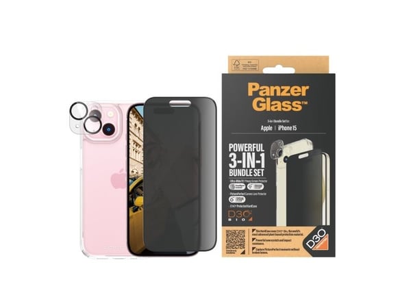 PanzerGlass Privacy 3-in-1-Pack iPhone 2023 6.1, Apple, Apple - iPhone 15, Asennus kuivana, Iskunkestävä, Läpinäkyvä, 1 kpl