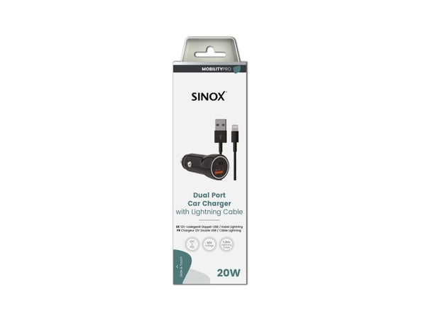 Sinox 12V dobbelt USB biloplader. USB A 18W + USB C 20W. Sort