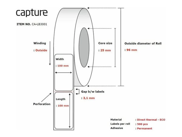 Capture - Miljøvennlig papir - permanet adhesiv - ubelagt - perforert - hvit - 100 x 100 mm 10000 etikett(er) (20 rull(er) x 500 boks - merkelapper