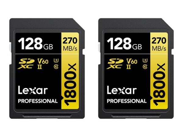 Lexar Professional GOLD Series - Flashhukommelseskort - 128 GB - Video Class V60 / UHS-II U3 / Class10 - 1800x - SDXC UHS-II (pakke med 2)