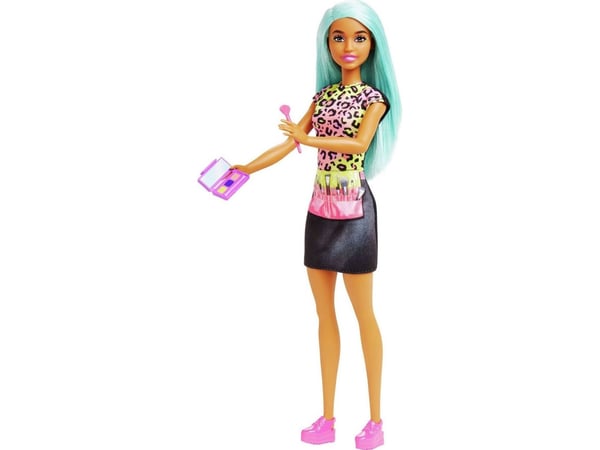 Barbie -sminkørdukke med blågrønt hår og tilbehør med karrieretema som sminkepalett og -børste, Motedukke, Hunkjønn, 3 år, Gutt/Jente, 290 mm, 120 g