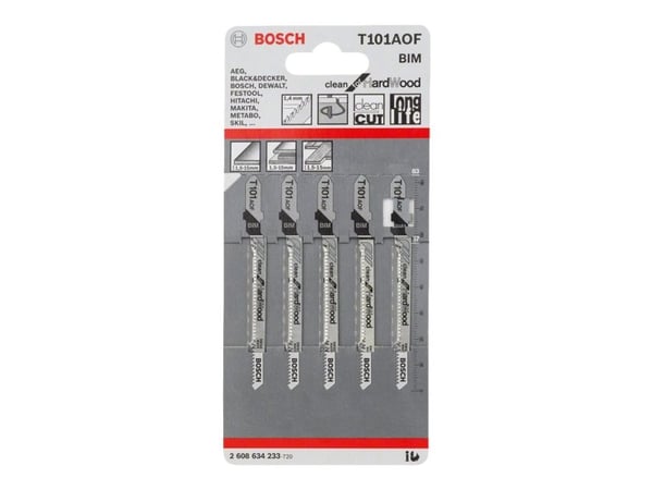 Bosch clean for Hard Wood T 101 AOF - Stikksagblad - for kryssfinér, løvtre, laminerte paneler, høytrykkslaminat (HPL) - 5 deler - T-skaft - lengde...