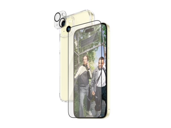 PanzerGlass - 3-i-1 Pakke - skjerm / linse / bakbeskyttelsessett for mobiltelefon - glass - rammefarge svart - for Apple iPhone 15 Plus