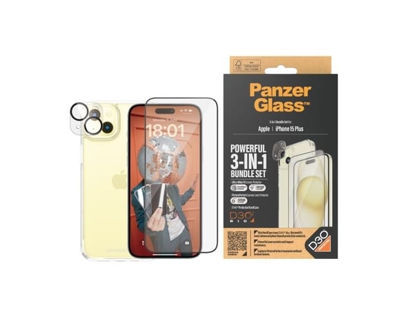 PanzerGlass - 3-i-1 Pakke - skjerm / linse / bakbeskyttelsessett for mobiltelefon - glass - rammefarge svart - for Apple iPhone 15 Plus