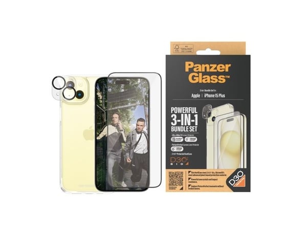 PanzerGlass - 3-i-1 Pakke - skjerm / linse / bakbeskyttelsessett for mobiltelefon - glass - rammefarge svart - for Apple iPhone 15 Plus