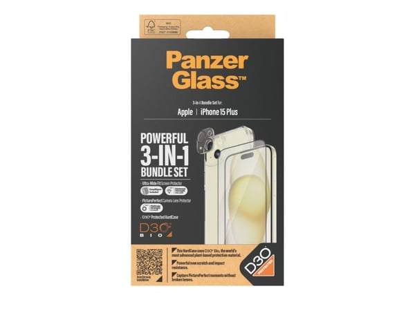 PanzerGlass - 3-i-1 Pakke - skjerm / linse / bakbeskyttelsessett for mobiltelefon - glass - rammefarge svart - for Apple iPhone 15 Plus