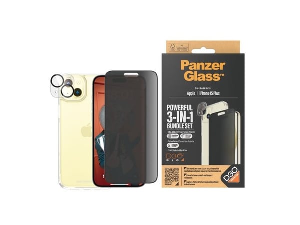 PanzerGlass™ Privacy 3-in-1 Pack iPhone 15 Plus, Apple, Apple - iPhone 15 Plus, kuivakäyttö, iskunkestävä, läpinäkyvä, 1 kpl