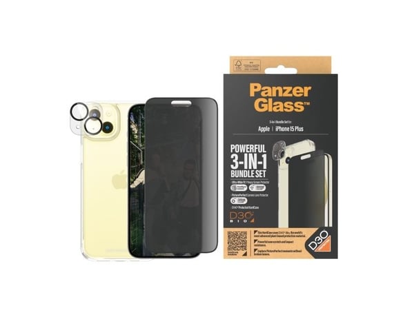 PanzerGlass™ Privacy 3-in-1 Pack iPhone 15 Plus, Apple, Apple - iPhone 15 Plus, kuivakäyttö, iskunkestävä, läpinäkyvä, 1 kpl