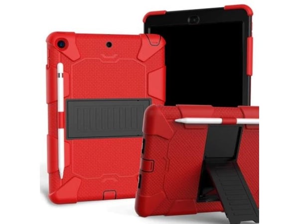 IPAD 10.2" (2021 / 2020 / 2019) KÄSITYÖKOTELO, JOSSA JALUSTA JA KYNÄTELINE - MUSTA / PUNAINEN