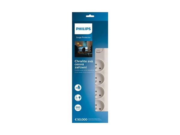 Philips SPN7040WA/60, 600 J, 4 AC-utganger, 3680 W, 16 A, Hvit, 2 m