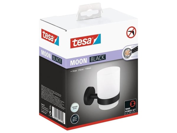 TESA MOON BLACK, Veggmontert tannbørsteholder, Glass, Metall, Sort, Hvit, Vegg, 70 mm, 109 mm