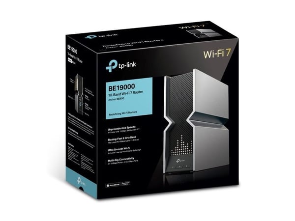 TP-Link Archer BE800, Wi-Fi 7 (802.11be), Tre-båndsfrekvens (2,4 GHz / 5 GHz / 6 GHz), Ethernet/bredbåndsforbindelse, Svart, Rustfritt stål, Fritts...