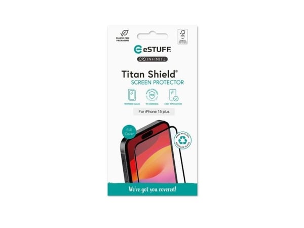 eSTUFF Titan Shield Infinite - Skjermbeskyttelse for mobiltelefon - full deksel - glass - rammefarge svart - for Apple iPhone 15 Plus