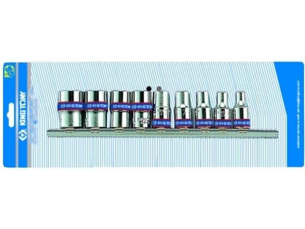 KING TONY komplett hylsesett 1/4" 9 deler KORTE 6-kant 4 - 13 mm, KROM, på skinne