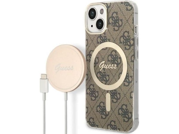 Guess Bundle Pack MagSafe 4G - kotelo + laturi MagSafe iPhone 14 Plus (ruskea/kulta)