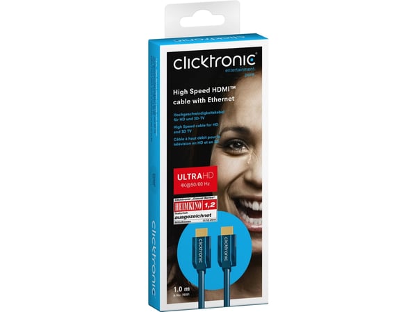 ClickTronic 1m High Speed HDMI, 1 m, HDMI Type A (Standard), HDMI Type A (Standard), 10,2 Gbit/s, Blå