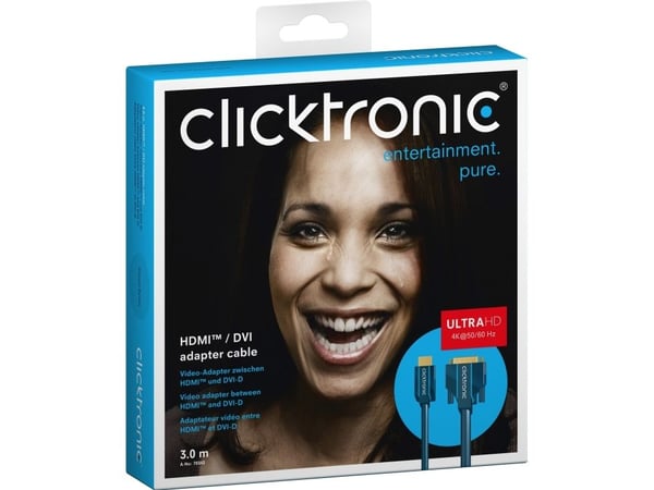 ClickTronic 3m HDMI/DVI Adapter, 3 m, HDMI, DVI-D, Gull, 4,95 Gbit/s, Blå