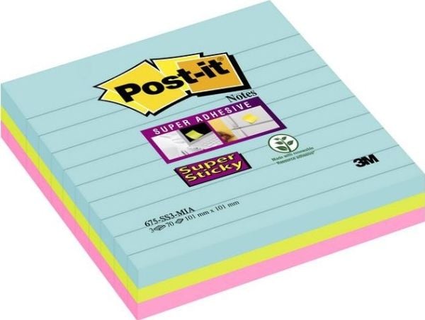 Post-it blok Super Sticky ass. linieret 101x101mm 3blk/pak