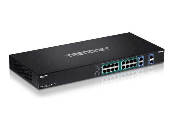 TRENDnet TPE TG182F - Switch - 16 x 10/100/1000 (PoE+) + 2 x kombo for Gigabit Ethernet/Gigabit SFP - rackmonterbar - PoE+ (440 W) - TAA-samsvar