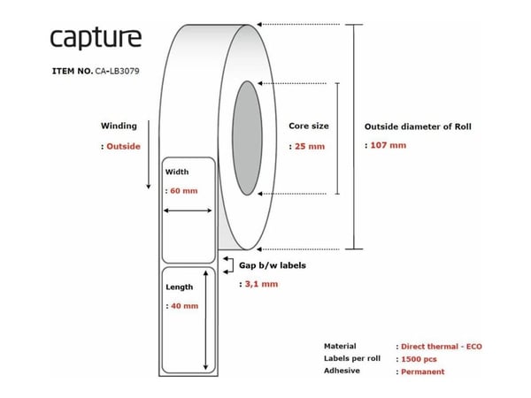 Capture - Permanet adhesiv - ubelagt - hvit - 60 x 40 mm 18000 etikett(er) (12 rull(er) x 1500) boks - merkelapper