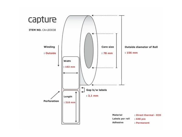 Capture - Miljøvennlig papir - permanet adhesiv - ubelagt - perforert - hvit - 102 x 210 mm 5120 etikett(er) (8 rull(er) x 640 boks - merkelapper