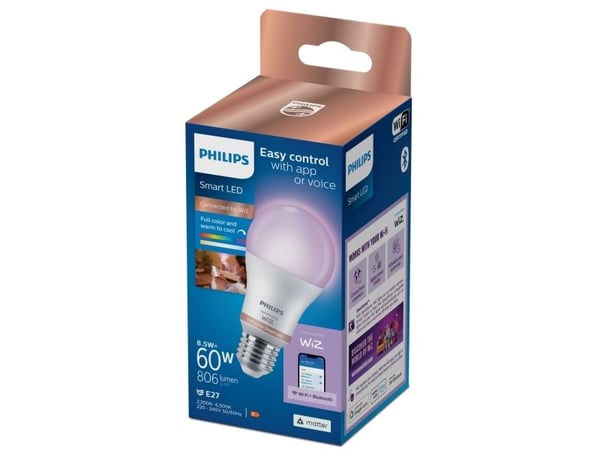 Philips Lyskilde 8,5 W (tilsvarer 60 W) A60 E27, Wi-Fi/Bluetooth, Hvit, Wi-Fi 4 (802.11n), 802.11b, 802.11g, LED, Plast, E27