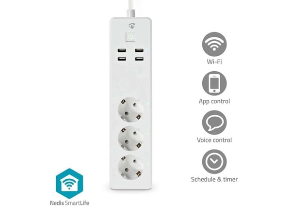 Nedis SmartLife - Smart strømstripe - AC 220 - 240 V - 3680 watt - utgangskontakter: 3 (3 x strømtype F, 4 x USB) - 1.8 m kabel - hvit