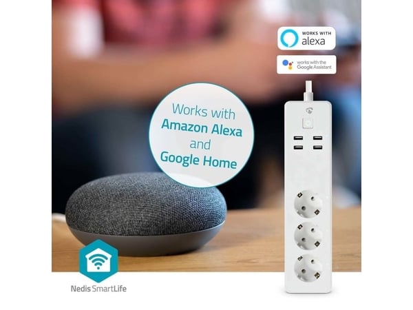 Nedis SmartLife - Smart strømstripe - AC 220 - 240 V - 3680 watt - utgangskontakter: 3 (3 x strømtype F, 4 x USB) - 1.8 m kabel - hvit
