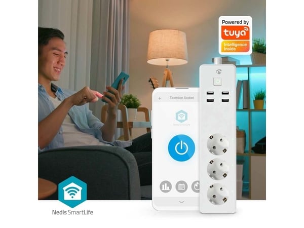 Nedis SmartLife - Smart strømstripe - AC 220 - 240 V - 3680 watt - utgangskontakter: 3 (3 x strømtype F, 4 x USB) - 1.8 m kabel - hvit