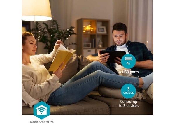 Nedis SmartLife - Smart strømstripe - AC 220 - 240 V - 3680 watt - utgangskontakter: 3 (3 x strømtype F, 4 x USB) - 1.8 m kabel - hvit