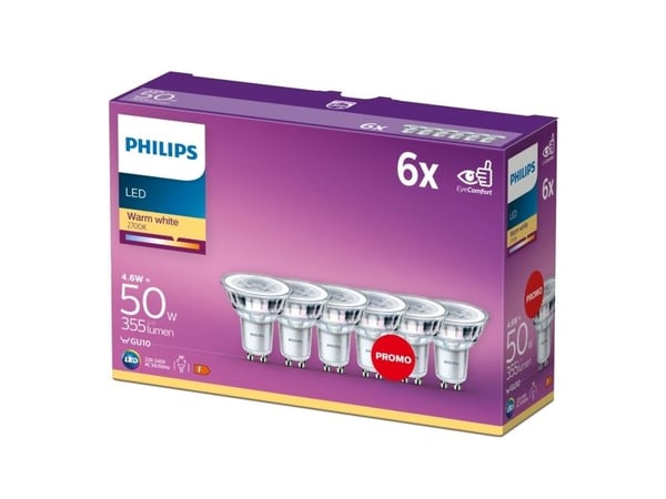 Philips Kohdelamppu 50W PAR16 GU10 x6, 4,6 W, 50 W, GU10, 355 lm, 15000 h, Lämmin valkoinen