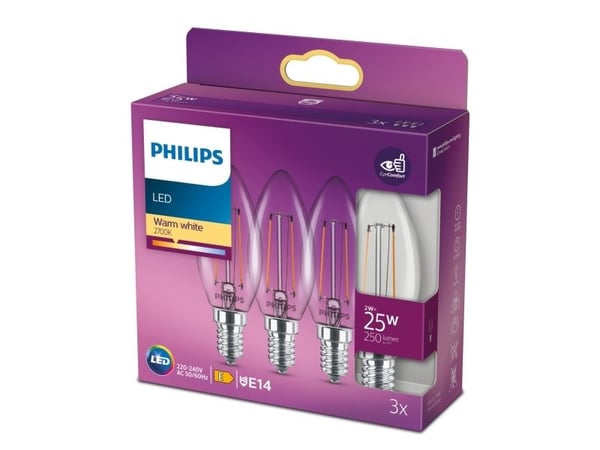 Philips - LED-filamentlyspære - form: B35 - klar finish - E14 - 2 W (ekvivalent 25 W) - klasse E - varmt hvitt lys - 2700 K (en pakke 3)