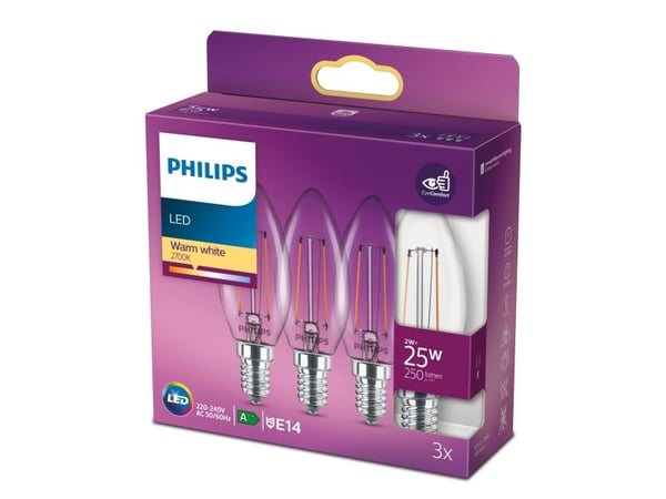 Philips - LED-filamentlyspære - form: B35 - klar finish - E14 - 2 W (ekvivalent 25 W) - klasse E - varmt hvitt lys - 2700 K (en pakke 3)