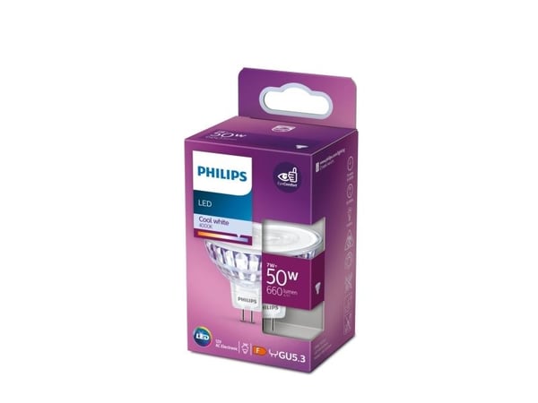 Philips - LED-spotlight - form: MR16 - GU5.3 - 7 W (motsvarande 50 W) - klass F - varmt vitt ljus - 2700 K