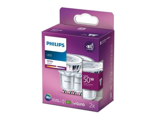 Philips - LED-pære for søkelys - GU10 - 4.6 W (ekvivalent 50 W) - klasse F - hvitt lys - 3000 K (en pakke 2)