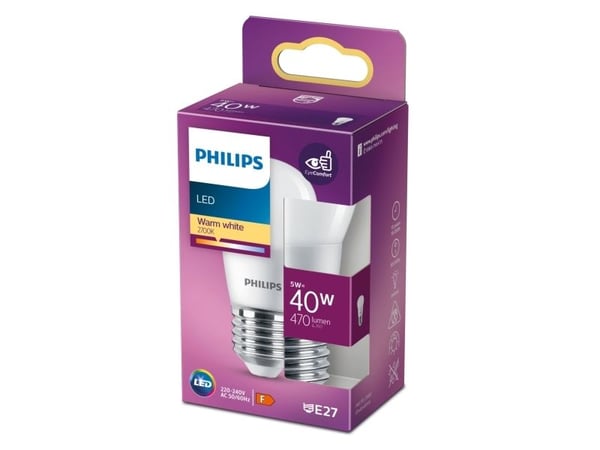 Philips Mignon, 40 W, P45, E27, 4,9 W, 40 W, E27, 470 lm, 15000 timer, Varm hvit
