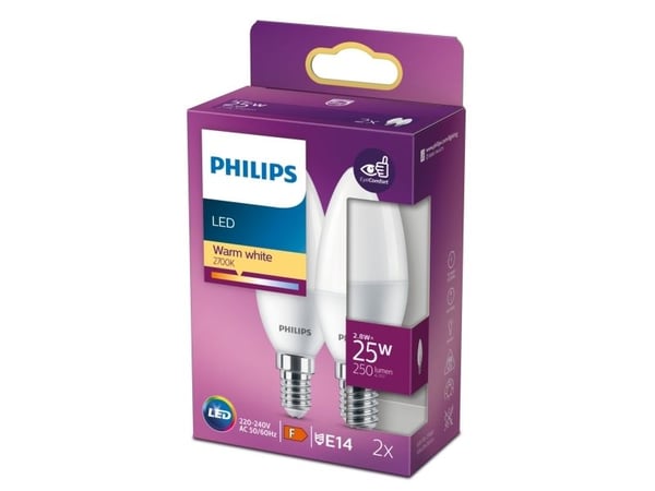 Philips - LED-lyspære - form: B35 - mattslipt finish - E14 - 2.8 W (ekvivalent 25 W) - klasse F - varmt hvitt lys - 2700 K (en pakke 2)