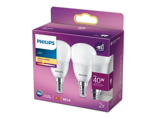 Philips Mignon 40 W, P45, E14 x 2, 4,9 W, 40 W, E14, 470 lm, 15000 timer, Varm hvit